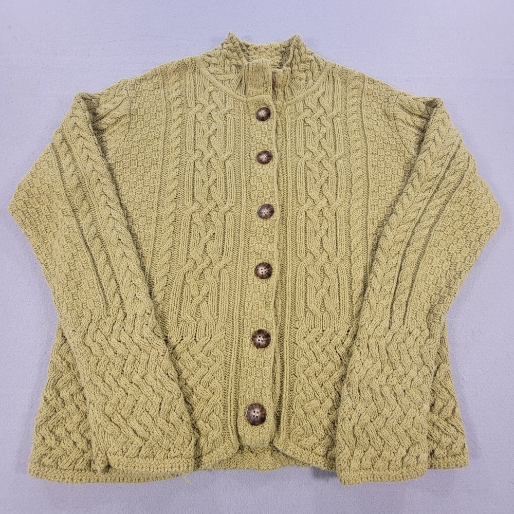 Vintage Talbots Cable Knit Cardigan Sweater Mock Neck Cotton Green Women's Large - Picture 4 of 10